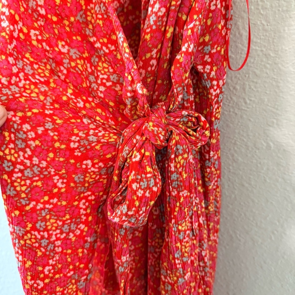 O’Neill Women's Red Floral Tie Wrap Mini Dress Bohemian Beachy Boho Size X-Small - Picture 7 of 11